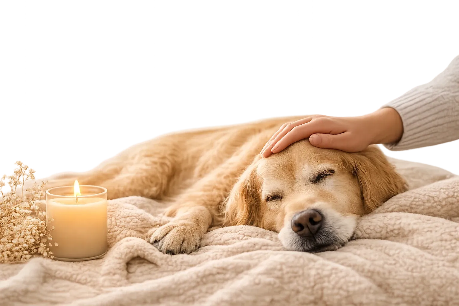 A dog resting on a blanket, a lit candle and a stroking hand beside it