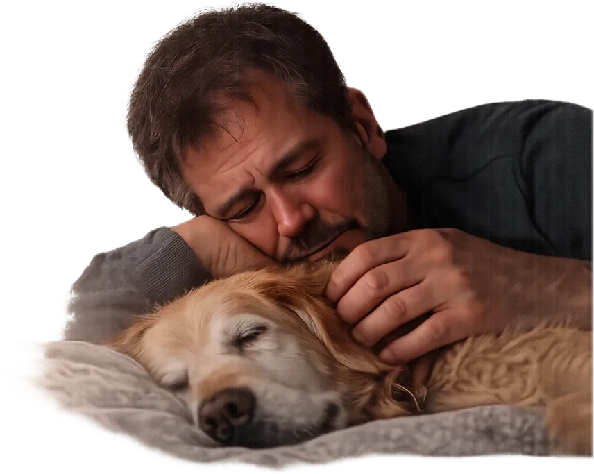 A man holding his ageing dog in his arms