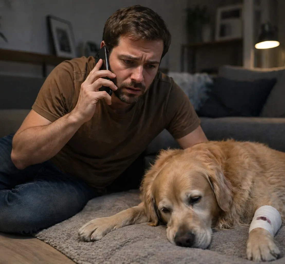 A man sitting on the floor next to his sick dog