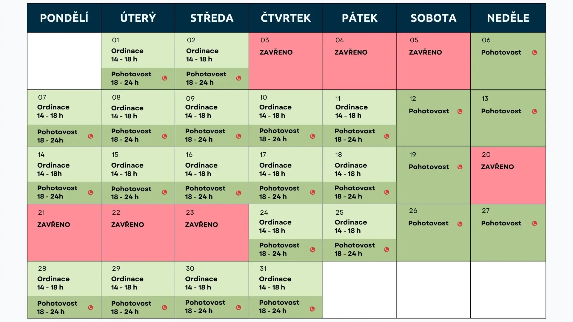 Kalendář odrinačních hodin pro červenec 2025