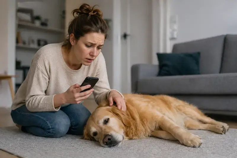 Žena s telefonem a pes ležící na zemi